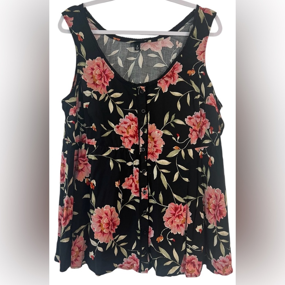 Torrid women’s 2X sleeveless button down peplum floral black, pink, & red blouse